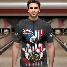 Load image into Gallery viewer, Custom Grunge US Flag Eagle Bowling Men Quarter-Zip Shirts, Patriotic Camo Bowling Team Shirt IPHW8910