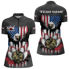 Load image into Gallery viewer, Custom Grunge US Flag Eagle Bowling Women Quarter-Zip Shirts, Patriotic Bowling Team Shirt IPHW8910