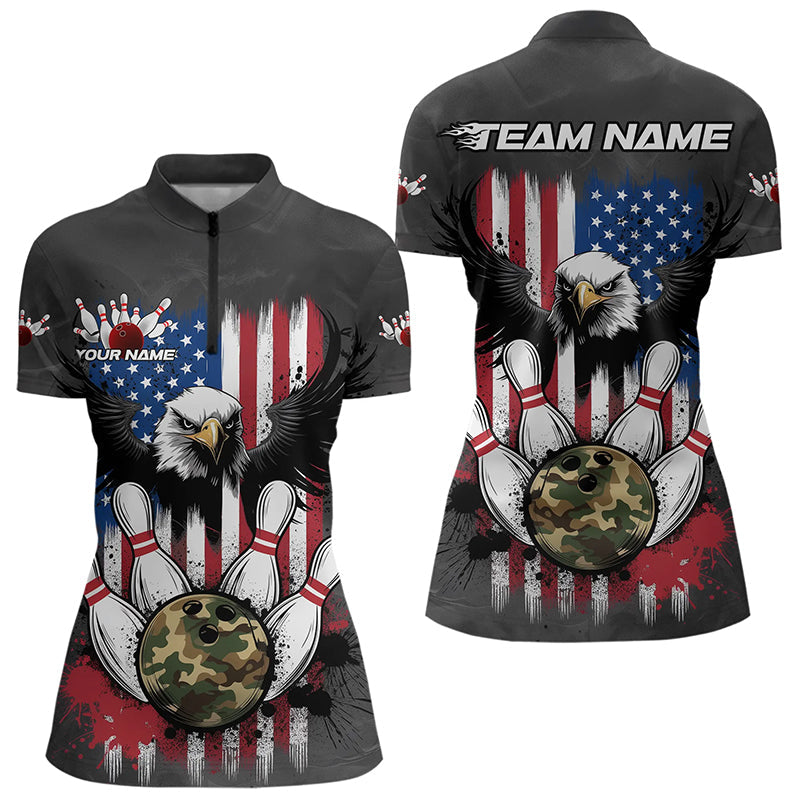 Custom Grunge US Flag Eagle Bowling Women Quarter-Zip Shirts, Patriotic Bowling Team Shirt IPHW8910