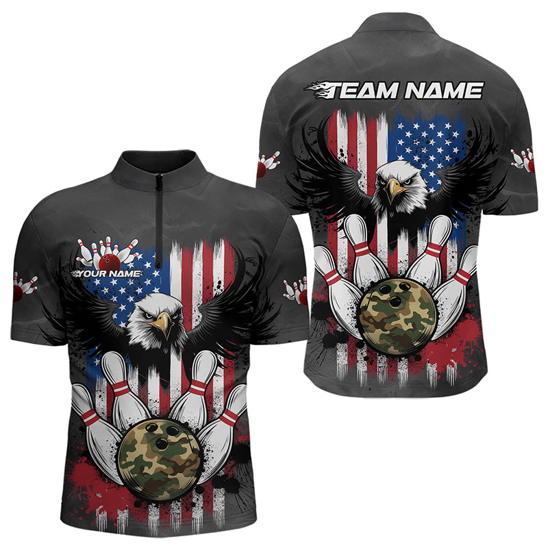 Custom Grunge US Flag Eagle Bowling Men Quarter-Zip Shirts, Patriotic Camo Bowling Team Shirt IPHW8910