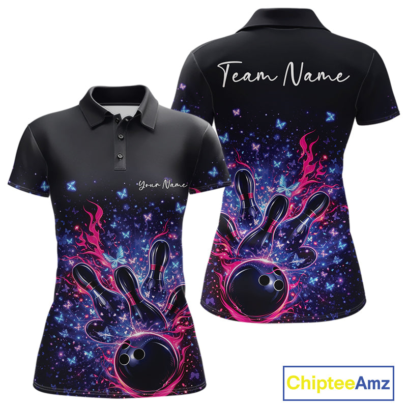 Front and back views of a colorful womens bowling polo shirt featuring flaming bowling ball artwork and sparkling butterflies.