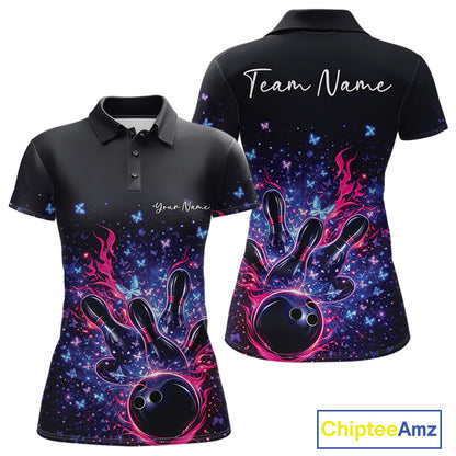 Front and back views of a colorful womens bowling polo shirt featuring flaming bowling ball artwork and sparkling butterflies.