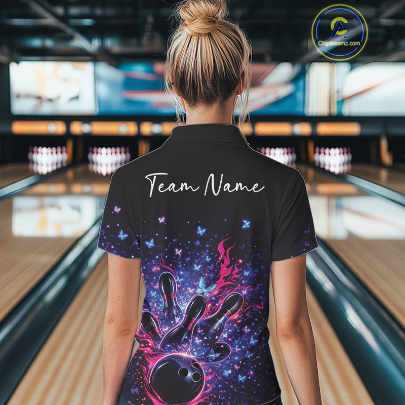 Back view of a female model in a colorful bowling polo shirt showcasing sparkling butterfly bowling artwork.