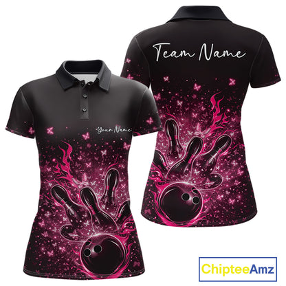 Front and back views of a black and pink womens bowling polo shirt featuring flames, striking pins, and sparkling butterflies.