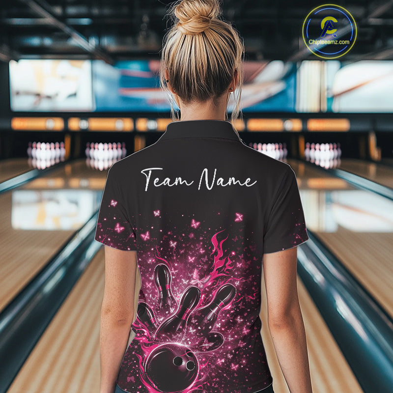 Back view of a female model in a black and pink bowling polo shirt with sparkly butterfly bowling graphics.