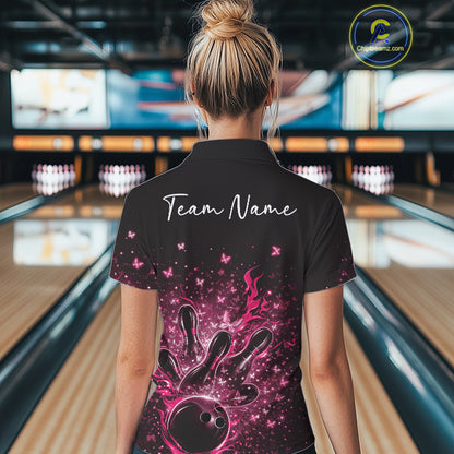 Back view of a female model in a black and pink bowling polo shirt with sparkly butterfly bowling graphics.