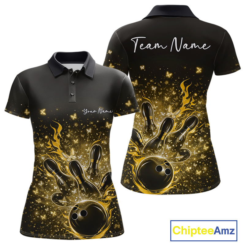 Front and back views of a black and yellow womens bowling polo shirt with flaming bowling ball and sparkling butterflies.
