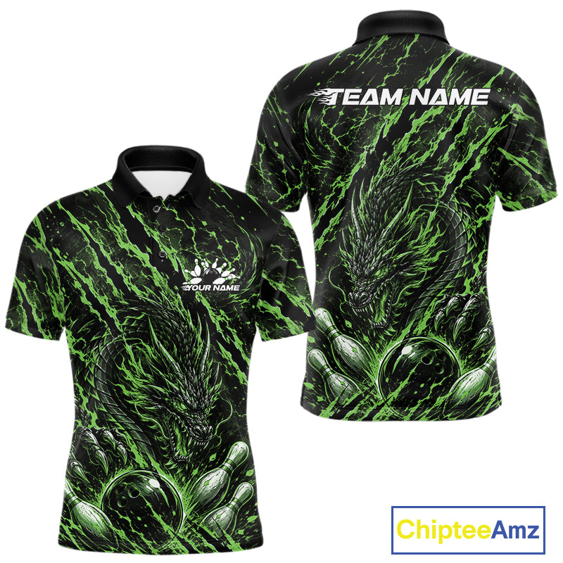 Custom green dragon bowling shirt with vibrant lightning accents a fierce dragon and pins