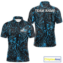Load image into Gallery viewer, Custom black and electric blue splatter polo shirt mockup shown from front and back, featuring personalized â€œYour Nameâ€ text on the chest, large â€œTEAM NAMEâ€ lettering across the back