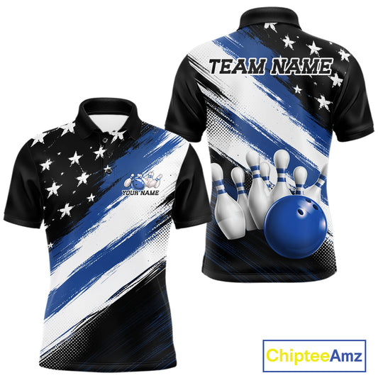 Custom patriotic blue thin line american flag bowling jersey polo with customisable name