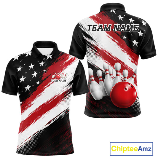 Custom patriotic red thin line american flag bowling jersey polo with customisable name