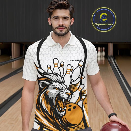 Custom Yellow Lion Bowling Men Polo Shirt, Lion Bowling Team League Shirt IPHW10126