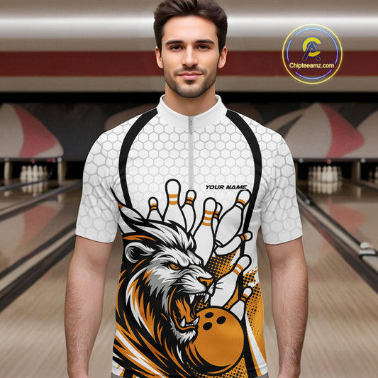 Custom Yellow Lion Bowling Men Quarter-Zip Shirt, Lion Bowling Team League Shirt IPHW10126