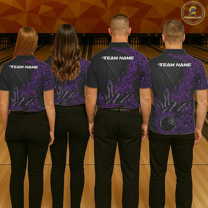 Custom Black And Purple Tribal Flame Bowling Ball Bowling Team Shirts, Polynesian Bowling Tournament Shirt IPHW10505