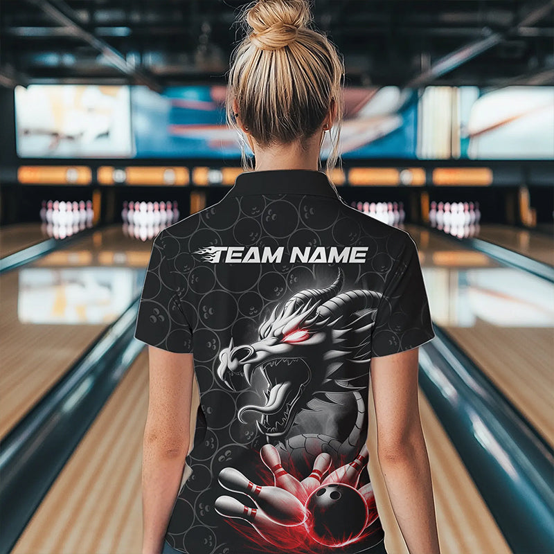 Custom Black And Red Dragon Bowling Women Polo Shirts, Bowling Pattern Dragon Bowler Outfit IPHW8916