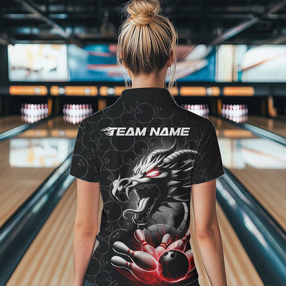 Custom Black And Red Dragon Bowling Women Polo Shirts, Bowling Pattern Dragon Bowler Outfit IPHW8916