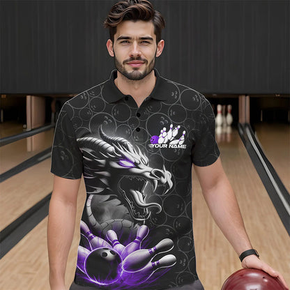 Custom Black And Purple Dragon Bowling Men Polo Shirts, Bowling Pattern Dragon Bowler Outfit IPHW8917