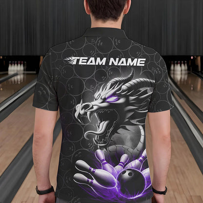 Custom Black And Purple Dragon Bowling Men Polo Shirts, Bowling Pattern Dragon Bowler Outfit IPHW8917