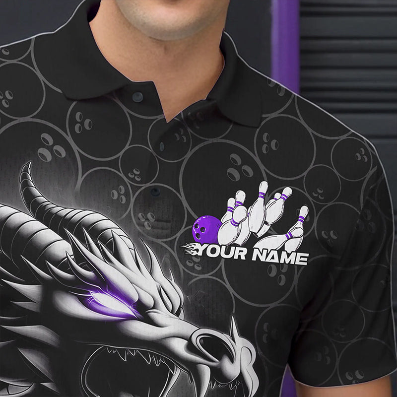 Custom Black And Purple Dragon Bowling Men Polo Shirts, Bowling Pattern Dragon Bowler Outfit IPHW8917