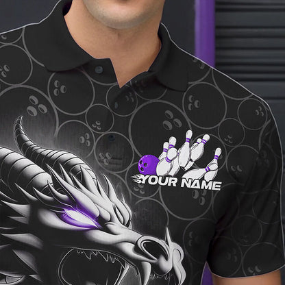 Custom Black And Purple Dragon Bowling Men Polo Shirts, Bowling Pattern Dragon Bowler Outfit IPHW8917