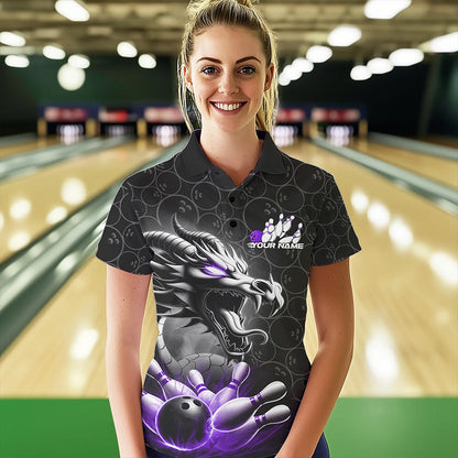 Custom Black And Purple Dragon Bowling Women Polo Shirts, Bowling Pattern Dragon Bowler IPHW8917