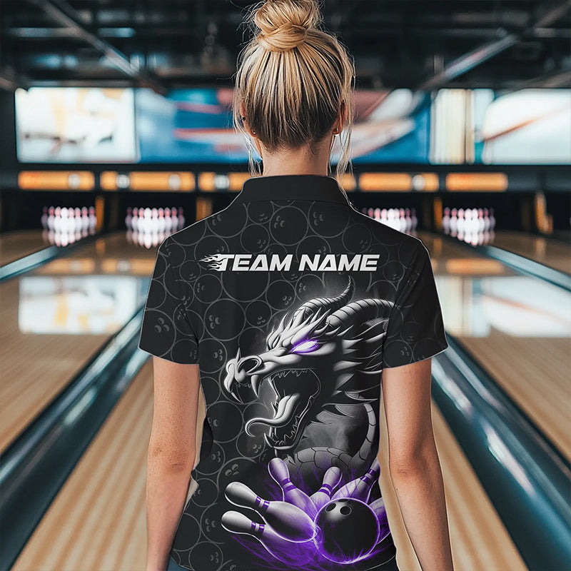 Custom Black And Purple Dragon Bowling Women Polo Shirts, Bowling Pattern Dragon Bowler IPHW8917
