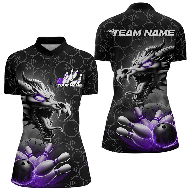 Custom Black And Purple Dragon Bowling Women Quarter-Zip Shirts, Dragon Bowler Outfit IPHW8917