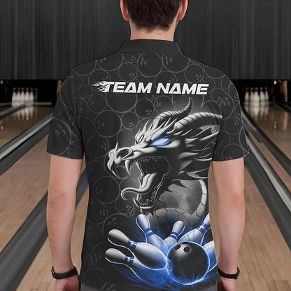 Custom Black And Blue Dragon Bowling Men Polo Shirts, Bowling Pattern Dragon Bowler Outfit IPHW8918