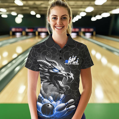 Custom Black And Blue Dragon Bowling Women Polo Shirt, Bowling Pattern Dragon Bowler Outfit IPHW8918