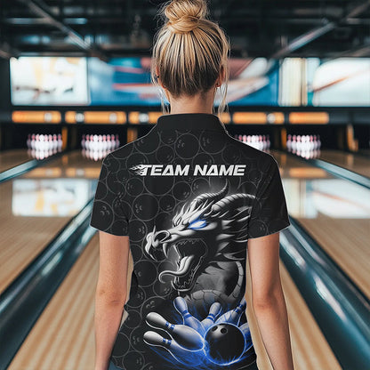 Custom Black And Blue Dragon Bowling Women Polo Shirt, Bowling Pattern Dragon Bowler Outfit IPHW8918