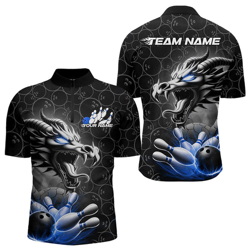 Custom Black And Blue Dragon Bowling Men Quarter-Zip Shirts, Bowling Pattern Dragon Bowler Outfit IPHW8918