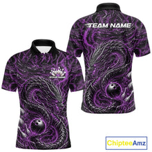 Load image into Gallery viewer, Custom sublimated bowling polo shirt with an purple oriental dragon design wrapping around a bowling ball