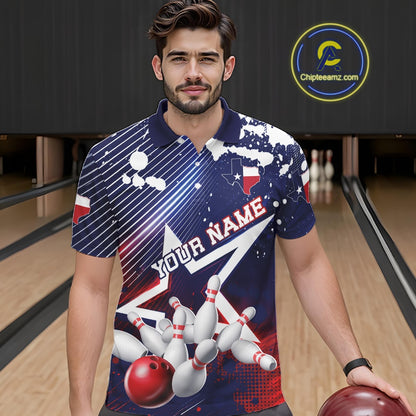 A man wearing a custom bowling-themed short-sleeve polo shirt with a blue, white, and red graphic design featuring bowling pins, a bowling ball, and the text 'YOUR NAME'. He is holding a bowling ball in a bowling alley, with a 'Chileamz.