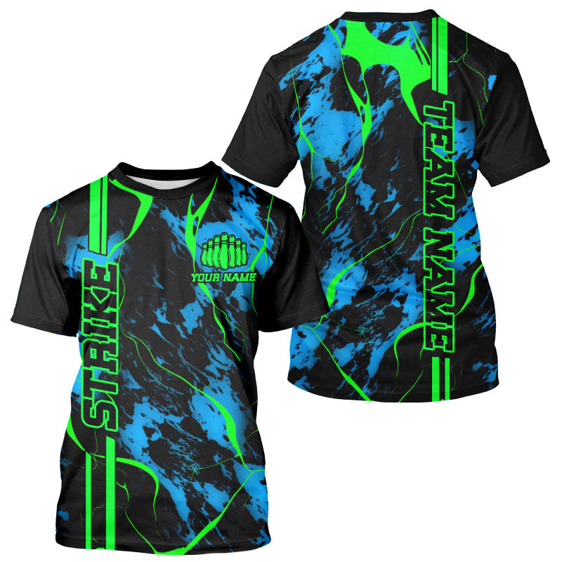 Black, Green And Blue Strike Bowling T-Shirts Shirts, Custom Mens Bowling Team Jerseys IPHW5263