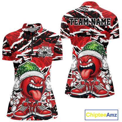 Custom Funny Christmas Bowling Women Quarter-Zip Shirts, Crazy Bowling Ball Xmas Outfit IPHW10131