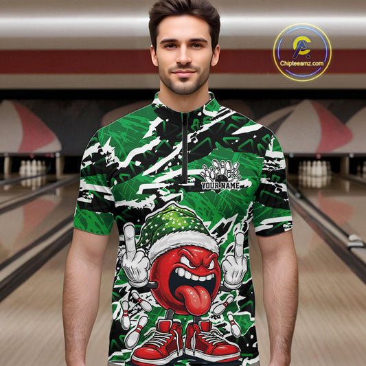 Custom Funny Christmas Bowling Men Quarter-Zip Shirts, Crazy Bowling Ball Xmas Outfit IPHW10132