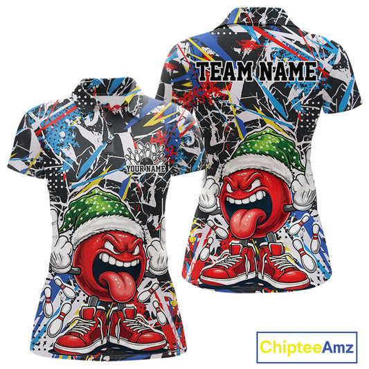 Custom Funny Colorful Christmas Bowling Women Polo Shirts, Crazy Ball Xmas Outfit IPHW10133