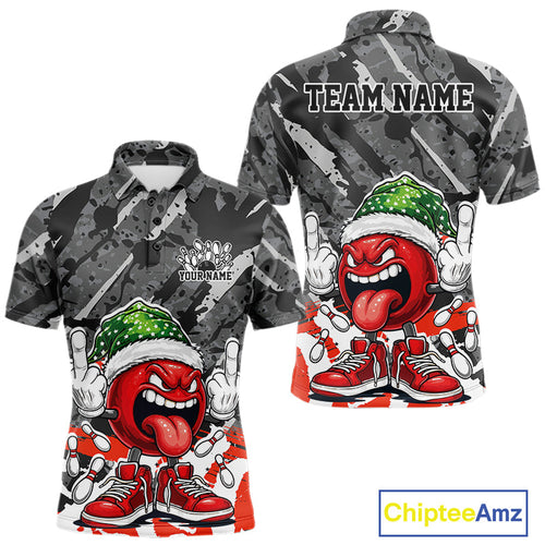 Custom Funny Christmas Bowling Men Polo Shirts, Crazy Bowling Ball Xmas Outfit IPHW10134