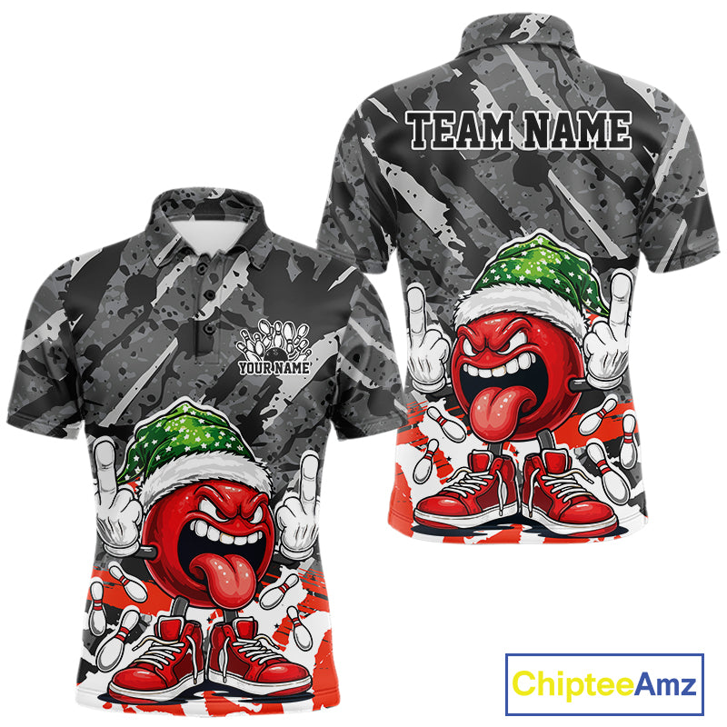 Custom Funny Christmas Bowling Men Polo Shirts, Crazy Bowling Ball Xmas Outfit IPHW10134