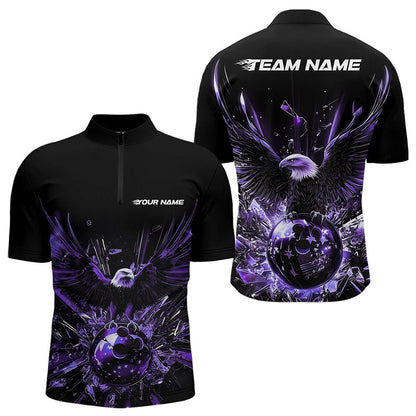 Black And Purple Eagle Break Glass Custom Bowling Quarter-Zip Shirts For Men, Bowling Team Shirt IPHW8397