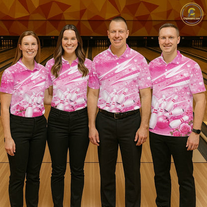 Custom Pink Heart Valentine Bowling Couples Shirt, Heart And Roses Bowling Husband And Wife Gifts With Name IPHW10516