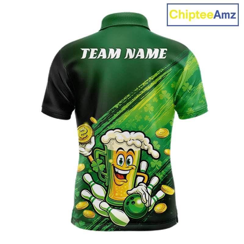 Custom Funny St Patricks Day Beer Bowling Team Shirts, Green Shamrock And Gold Coin Bowling Jerseys IPHW10520