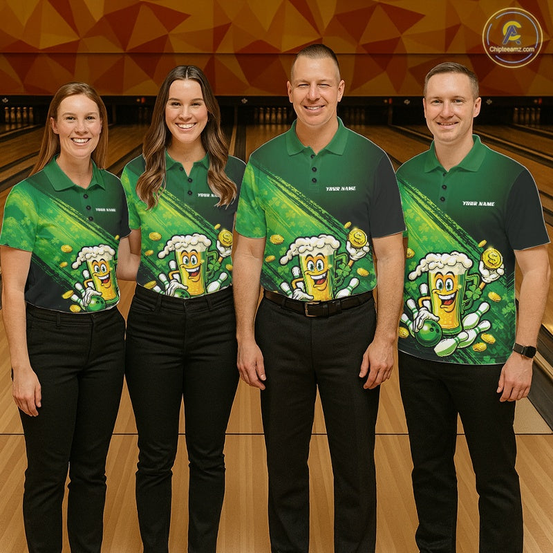 Custom Funny St Patricks Day Beer Bowling Team Shirts, Green Shamrock And Gold Coin Bowling Jerseys IPHW10520