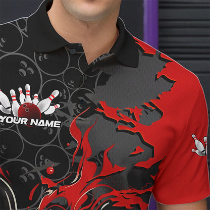 Custom Black And Red Flame Bowling Polo Shirts For Men, Bowling Tournament Team Uniform IPHW8616