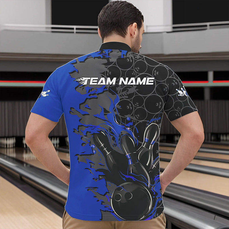 Custom Black And Blue Flame Bowling Quarter-Zip Shirts For Men, Bowling Tournament Team Uniform IPHW8617
