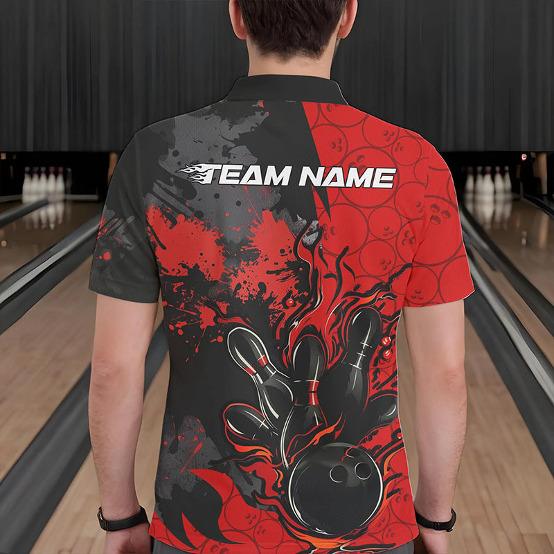 Custom Black And Red Splatter Camo Flame Bowling Polo Shirts For Men, Bowling Team Uniform IPHW8625