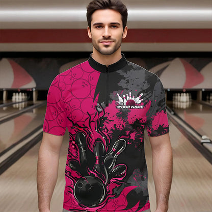 Custom Black And Pink Splatter Camo Flame Bowling Quarter-Zip Shirts For Men, Bowling Team Uniform IPHW8626