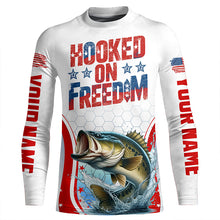 Load image into Gallery viewer, American Flag Bass Custom Long Sleeve Fishing Shirts, Hooked On Freedom Patriotic Fishing Jerseys IPHW6812