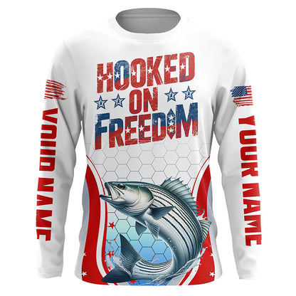 American Flag Striped Bass Custom Long Sleeve Fishing Shirts, Patriotic Fishing Jerseys IPHW6814