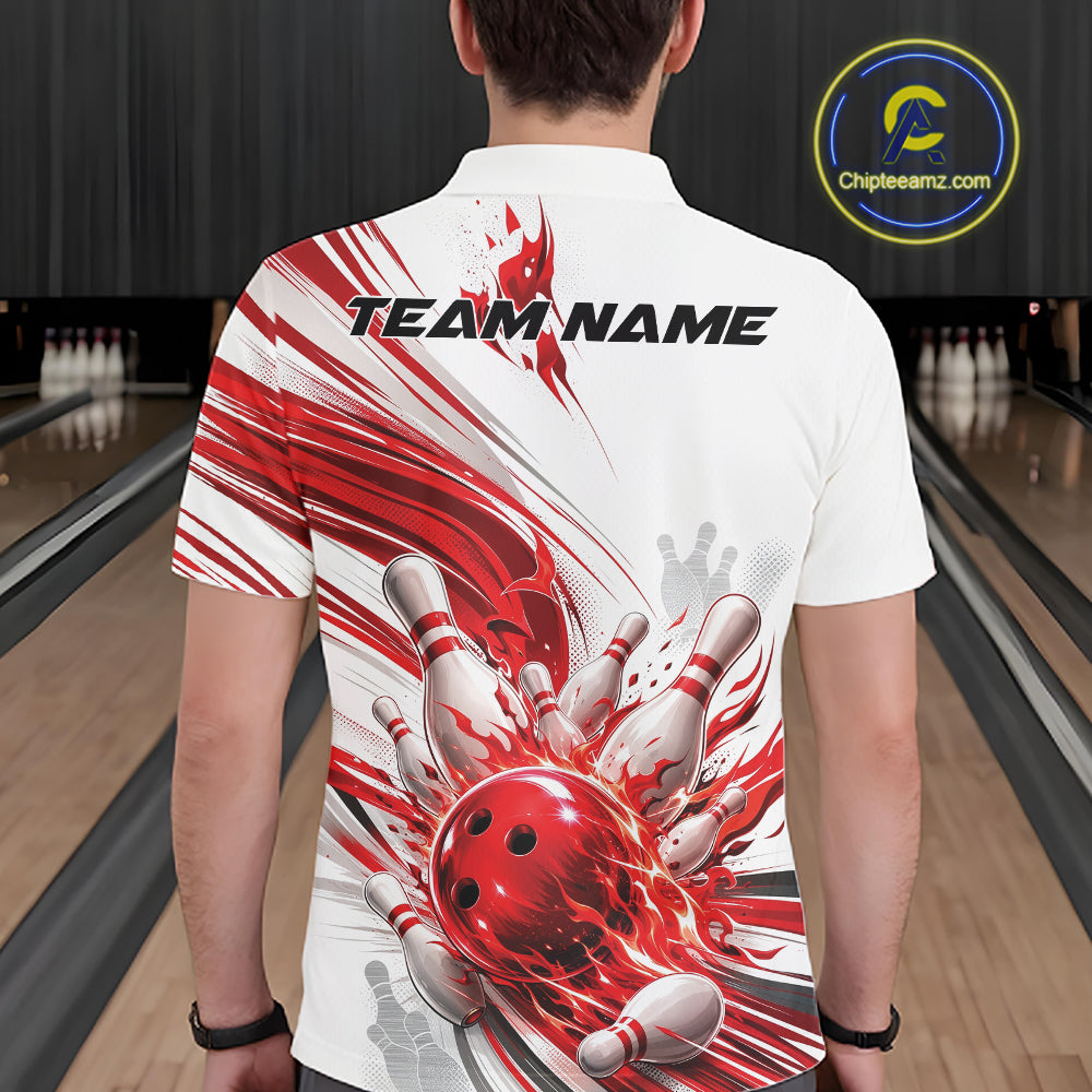 A man viewed from behind wearing a white short-sleeve bowling-themed polo shirt with a large red and white graphic of bowling pins, a bowling ball, and the text 'TEAM NAME' across the upper back. Bowling lanes are visible in the background, and a circular 'Chipteeanz.